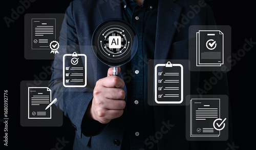 AI document verification concept with businessman holding magnifying glass over checklist and certified documents, symbolizing smart automation, digital approval, compliance, and data validation.