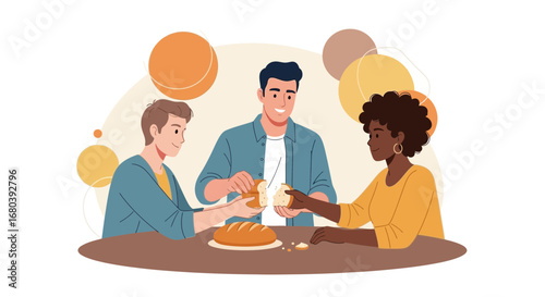 Sharing Bread Gathering of Diverse Friends with Simple Geometric Background