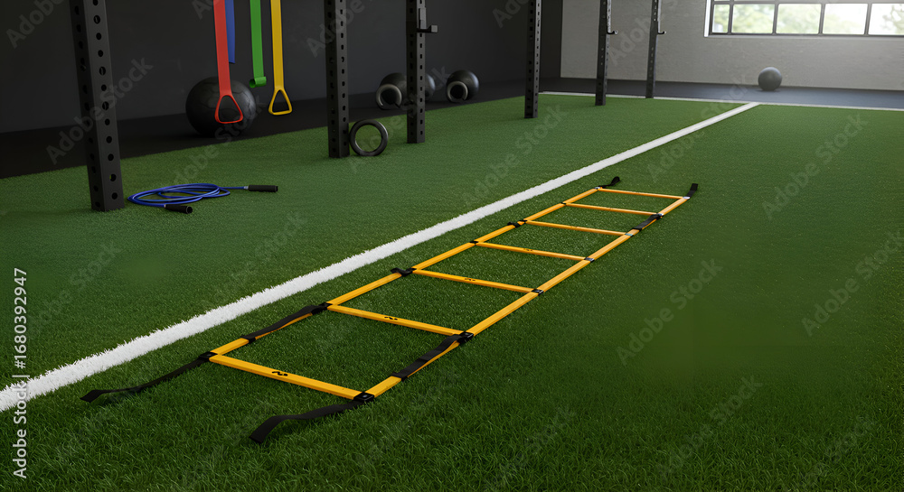 Fototapeta premium Yellow agility ladder on a green turf field in a modern gym. Athlete training equipment on the floor with exercise equipment visible in the background.