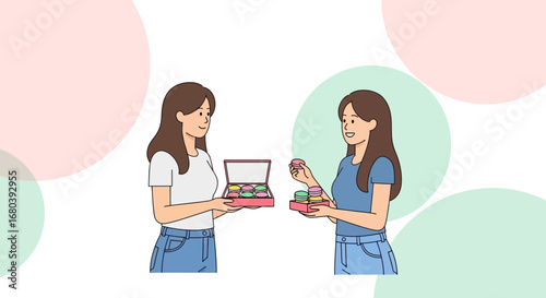 Sharing Delicious Macarons: A Friendly Exchange Between Two Delightful Women