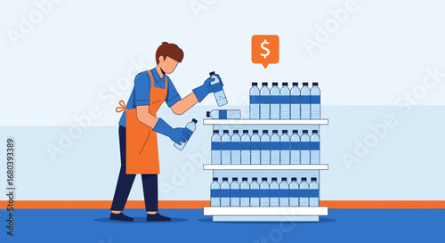 Shop Assistant Arranging Bottled Water On Shelves With Price Tag In Vector Style
