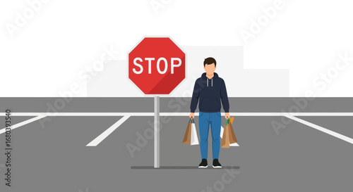Shopping Halt: Man Paused by a Stop Sign, Paper Bags in Hand, Purchase Decision