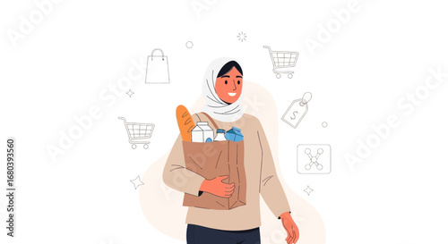 Shopping Trip Illustration: Woman Carries Groceries in a Bag with Shopping Cart Icons