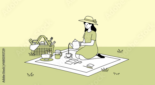 Simple Picnic Scenario: Woman Pours Tea, Enjoying Leisure Outdoors on a Sunny Day