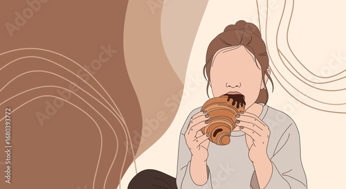 Simple Portrait of a Woman Enjoying a Croissant with Chocolate Glaze