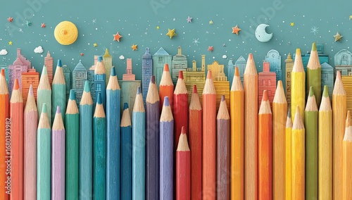 Colorful pencils forming a cityscape at night