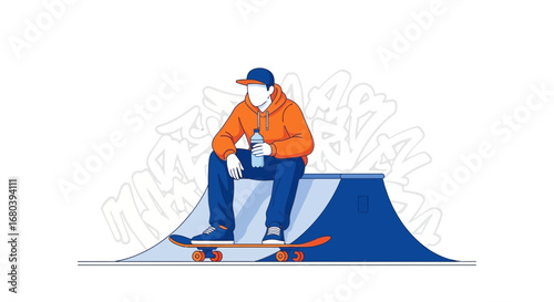 Skateboarder Taking Break, Resting On Ramp, Holding Water Bottle Enjoying Day