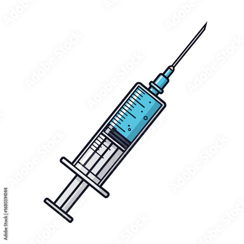 Cartoon medical syringe icon with a sharp needle and blue vaccine fluid for injection, healthcare treatment vector illustration on white background