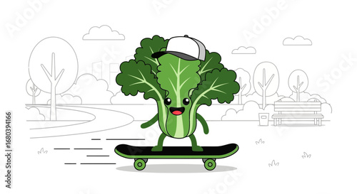 Skateboarding Bok Choy Character Enjoys a Sunny Day at The Park in a Playful Illustration