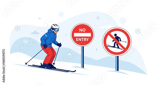 Skier Navigating Forbidden Terrain: A Visual Representation of Winter Sports Safety Regulations