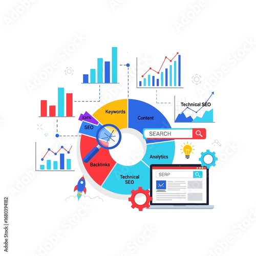Comprehensive search engine optimization strategy concept with key elements like keywords, content, backlinks, and data analytics for business growth