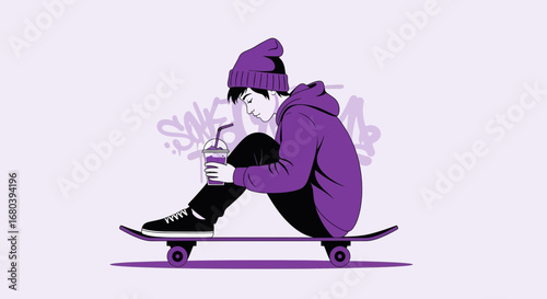 Skater Enjoying Beverage While Relaxing on His Skateboard In Purple Tones