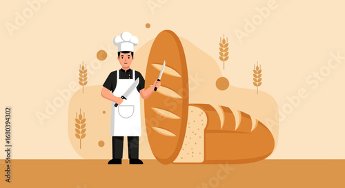 Skilled Baker Presenting Freshly Baked Loaves of Bread With Precision and Craftsmanship