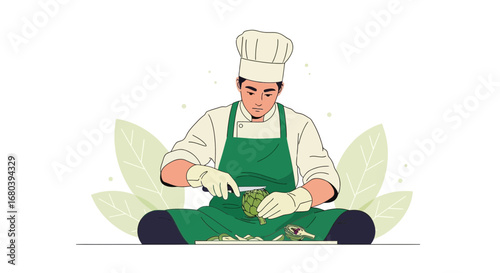 Skilled Culinary Artist Prepares Artichoke, Demonstrating Kitchen Expertise and Food Craftmanship.