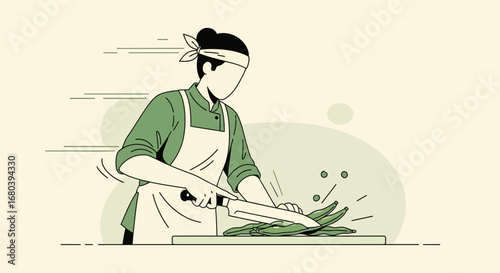 Skilled Chef Preparing Fresh Green Vegetables with Precision and Care