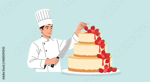 Skillful Chef Decorating Beautiful Layered Cake with Strawberries and Red Sauce