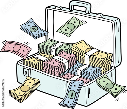 Cartoon illustration of an open briefcase overflowing with stacks of colorful money bills AI/EPS/PNG/JPEG