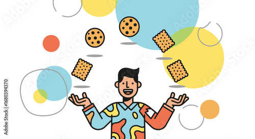 Skillful Individual Playfully Juggling Biscuits and Cookies with Colorful Geometric Elements