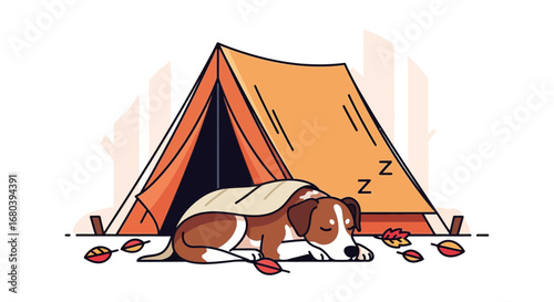 Sleeping Dog Camping Tent Scene Autumn Season Peaceful Outdoor Cozy Vacation