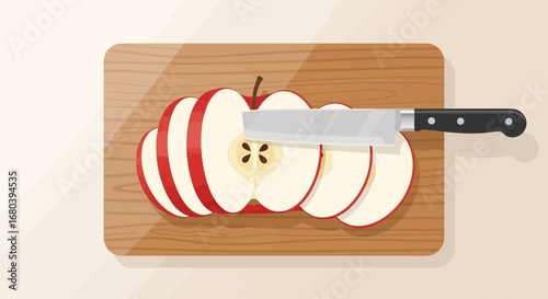 Sliced Apple on Wooden Board with a Knife Perfect for Culinary or Healthy Eating Themes