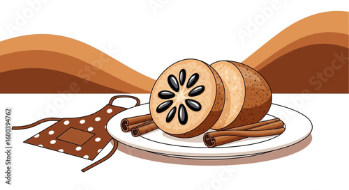 Sliced Sapodilla Fruit and Cinnamon with an Apron on a White Plate Illustration