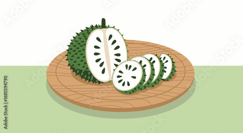 Sliced Soursop Fruit on a Wooden Platter Shows the Beauty and Flavor of Tropical Delights