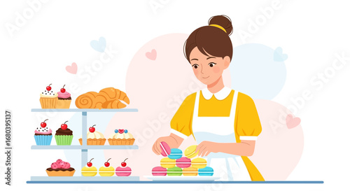 Smiling Baker Arranging Sweet Macarons And Pastries Displayed On A Beautiful Rack For Sale