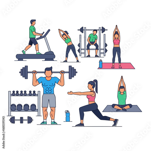 Active people at the gym illustration set. Men and women working out, lifting weights, running on a treadmill, and practicing yoga for fitness and wellness