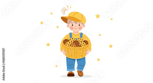 Smiling Baker Boy Carrying Sweet Cookies In Basket, Adorable Illustration Concept