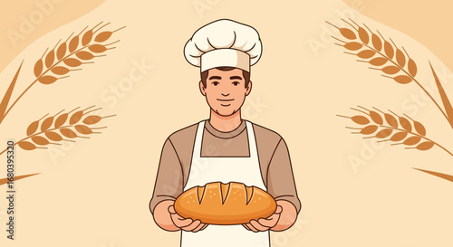 Smiling Baker Displays Freshly Baked Loaf Of Bread With Wheat Background Design