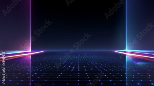 Abstract neon light composition with pinkish purple and blue hues on a dark reflective surface featuring digital grid li