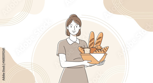 Smiling Baker Holding Bread Basket, Displaying Culinary Delights with Freshly Baked Goods
