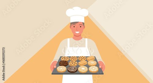Smiling Baker Holding Baked Cookies on a Tray Fresh From the Oven