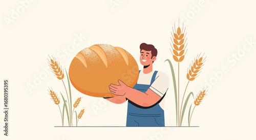 Smiling Baker Holding Bread Surrounded By Wheat Crops Illustrating Freshly Baked Goods