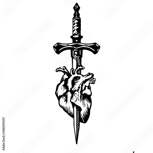 Sword pierces heart, a symbol of courage, resilience, and strength against adversity