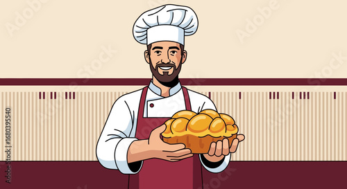 Smiling Baker Holding Sweet Loaf Of Bread In An Artistic Illustrated Illustration