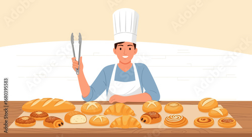 Smiling Baker Holding Tongs Next To Variety Of Freshly Baked Bread And Pastries