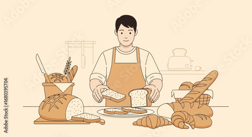 Smiling Baker Preparing Bread Slices And Assorted Baked Goods On A Table