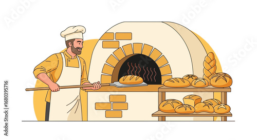 Smiling Baker Preparing Freshly Baked Bread From a Traditional Stone Oven Illustration