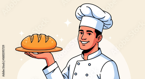 Smiling Baker Presenting a Loaf of Freshly Baked Bread on a Plate in a Clean Setting