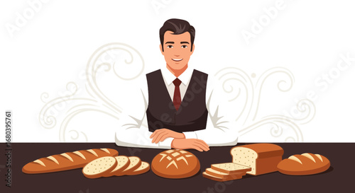 Smiling Baker Presenting Artisan Loaves of Bread Freshly Baked on Rustic Table