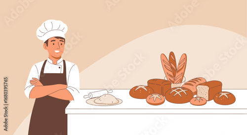 Smiling Baker Presenting Artisan Breads and Pastries in a Warm and Inviting Bakery