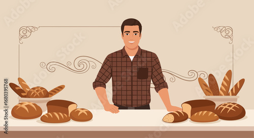 Smiling Baker Presenting Assorted Bread Products at a Local Bakery Shop