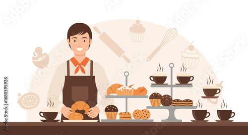Smiling Baker Presenting Delights: A Whimsical Bakery Illustration for Culinary Enthusiasts