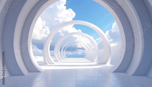 Fototapeta Naklejka Na Ścianę i Meble -  White archway tunnel to a cloudy sky