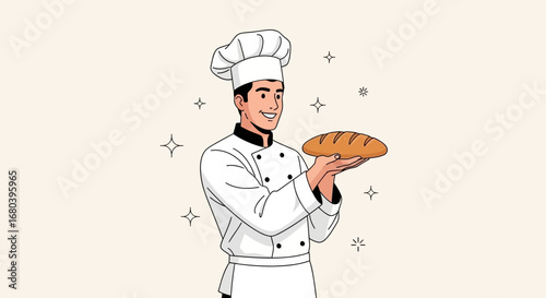 Smiling Baker Presenting Fresh Loaf of Bread, Symbolizing Bakery Art and Culinary Profession