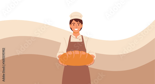 Smiling Baker Presenting Freshly Baked Artisan Bread in an Appealing Depiction