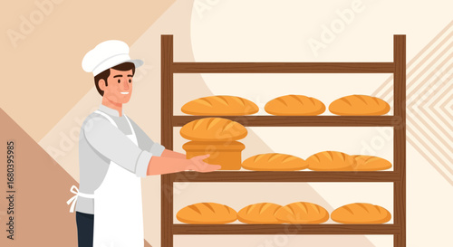 Smiling Baker Presenting Freshly Baked Bread From Wooden Shelves In Bakery Shop
