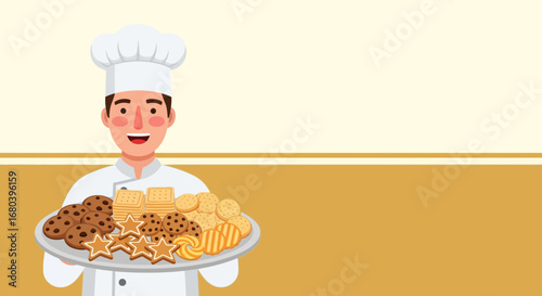 Smiling Baker Presenting Freshly Baked Cookies and Confections on Bright Background