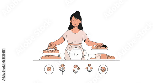 Smiling Baker Presenting Freshly Baked Goods and Offering Tea Service for Guests, Offering Breakfast